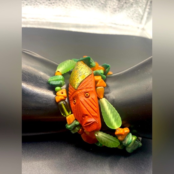 Wrap  Bracelet of Natural Stones Hand Carved Aztec Figure - Picture 2 of 10